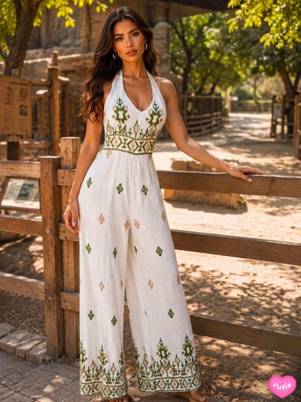 Women’s White Halter Embroidered Jumpsuit with Green Accents